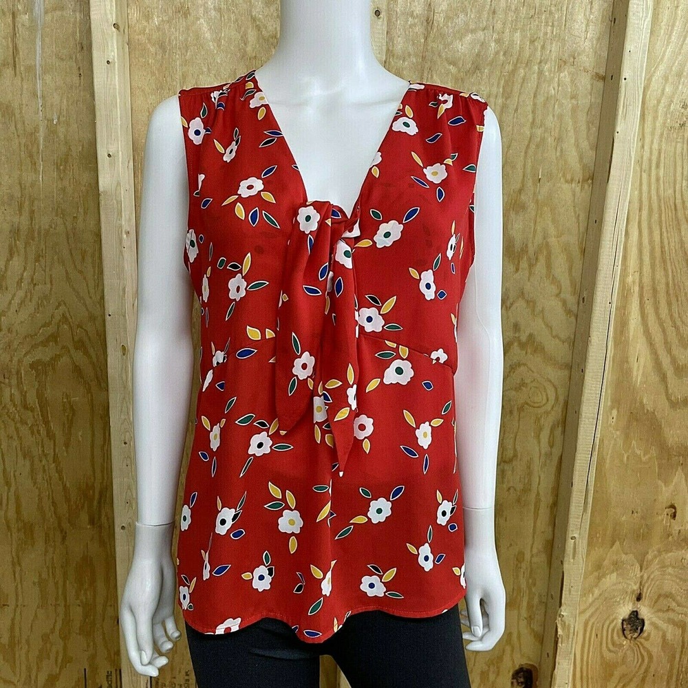 CAbi M Tied Up Blouse Tank Red Floral Tie Front Top Style #5734